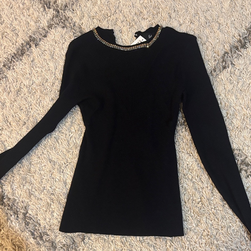 fab'rik Elegant Black Long Sleeve Top with Gold Trim